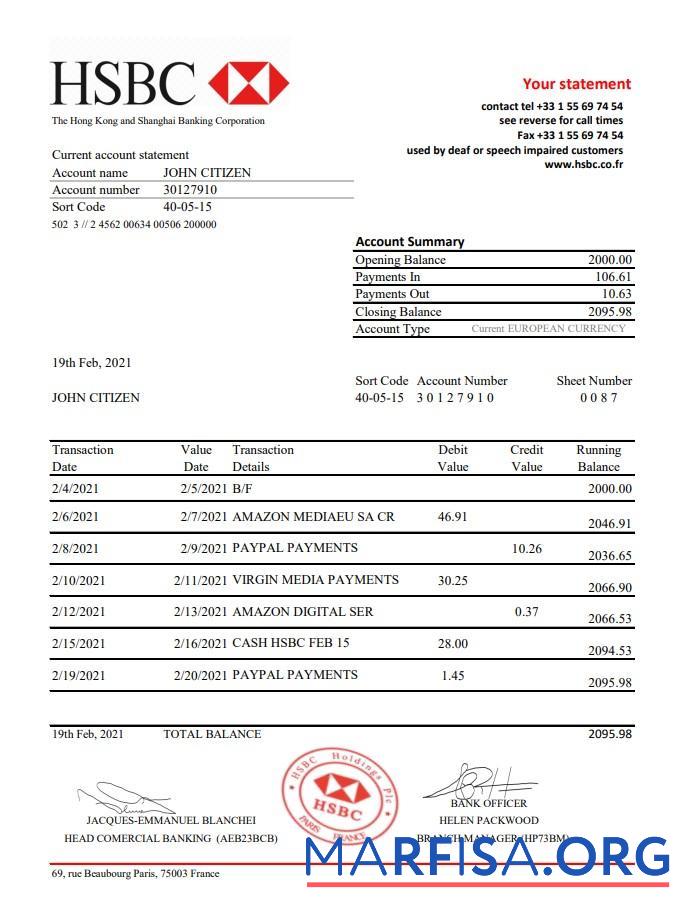 Blank France HSBC bank statement excel template